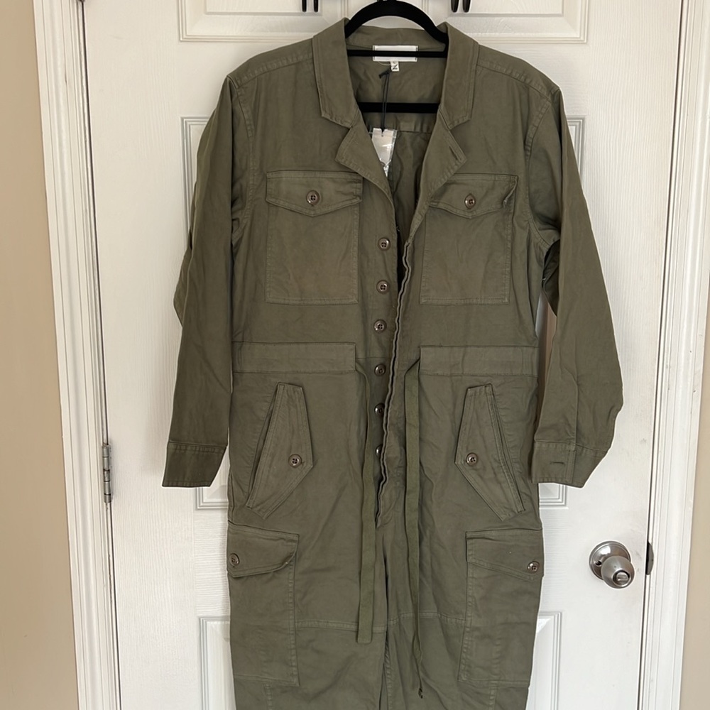 Alex Mill Long Sleeve Button Up Cargo Cotton Jumpsuit Size L Olive Green - Picture 6 of 11